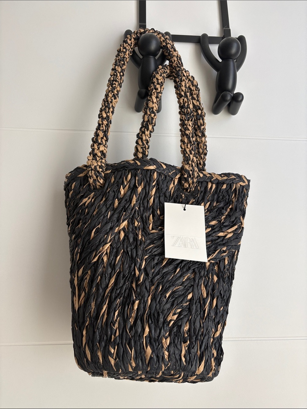ZARA Black and Tan Braided Straw Tote